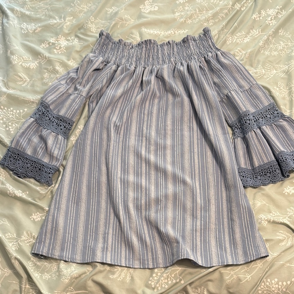 5 for $25!! Striped Off-Shoulder Dress with Lace Sleeves